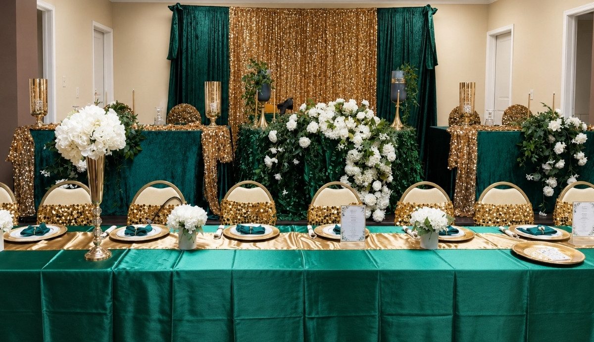 Emerald green and gold head table with white floral arrangements