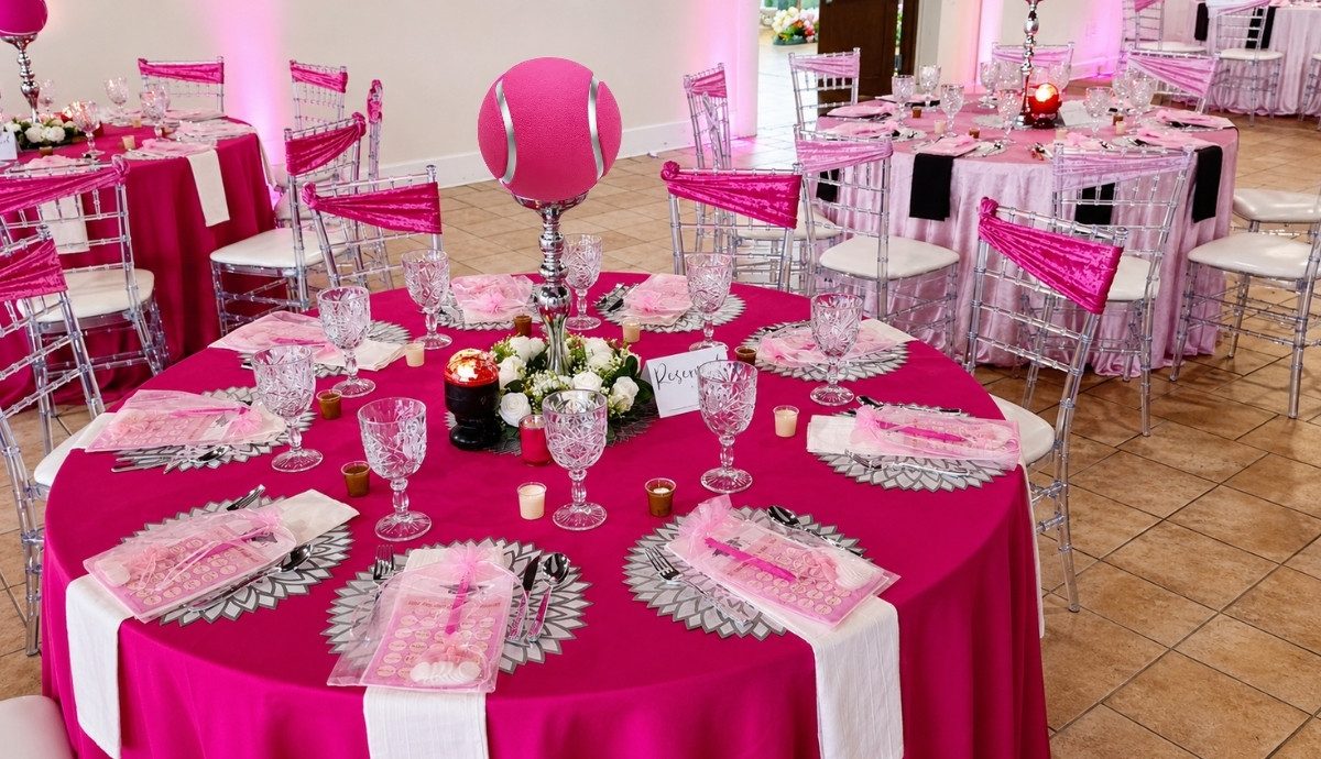 Fuchsia birthday table setting with balloons and crystal glassware