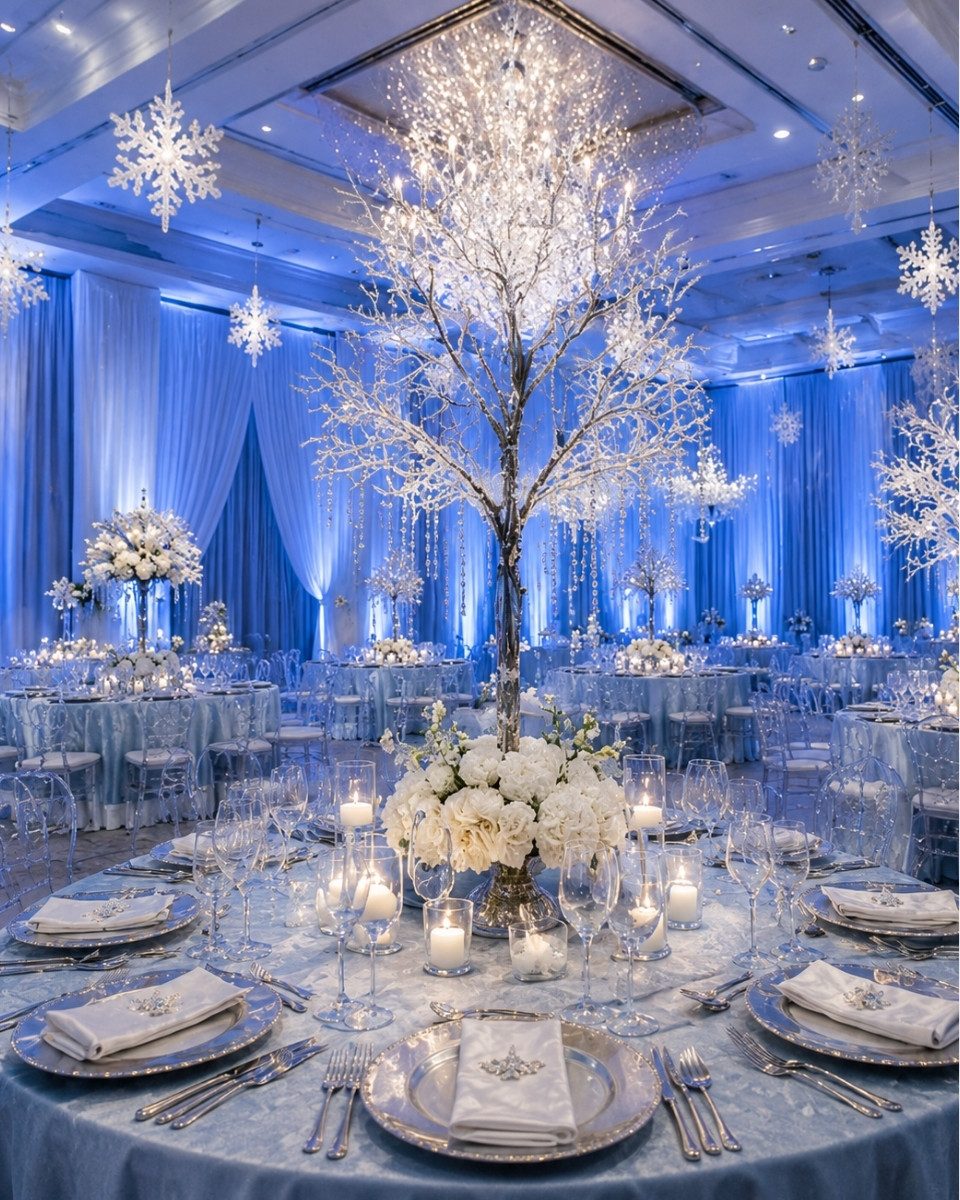 Winter white wedding ballroom with a crystal tree and silver tablescape