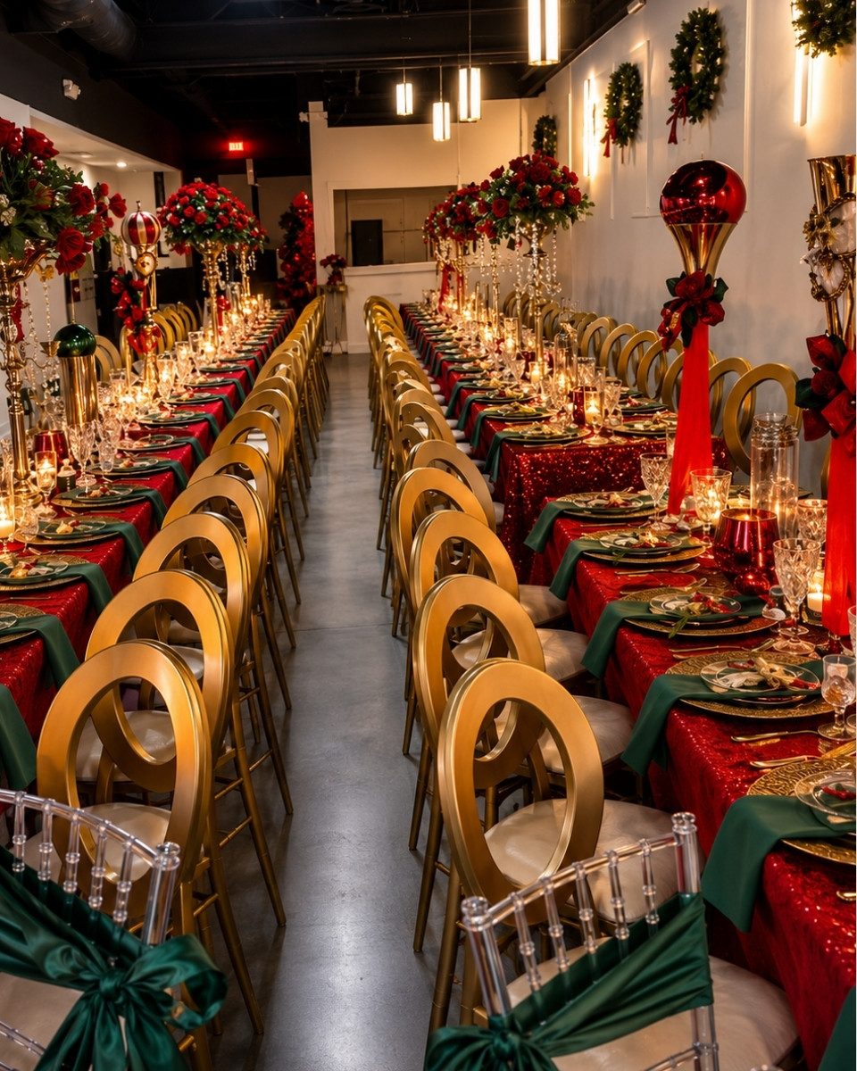Long banquet tables with gold chairs and layered candlelight for a formal dinner