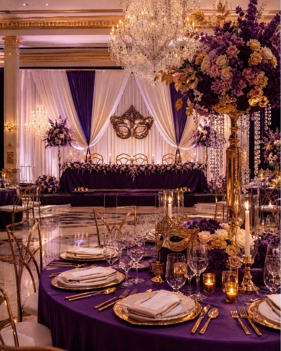 Purple and gold sweetheart stage with cascading floral towers