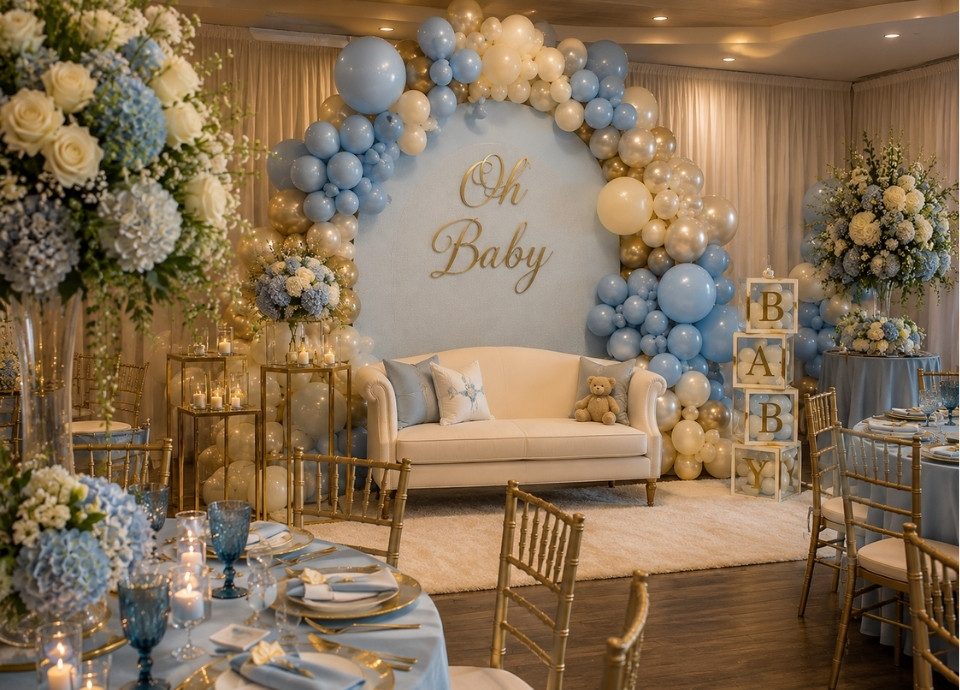 Blue and gold Oh Baby lounge setup with balloon garland and baby blocks
