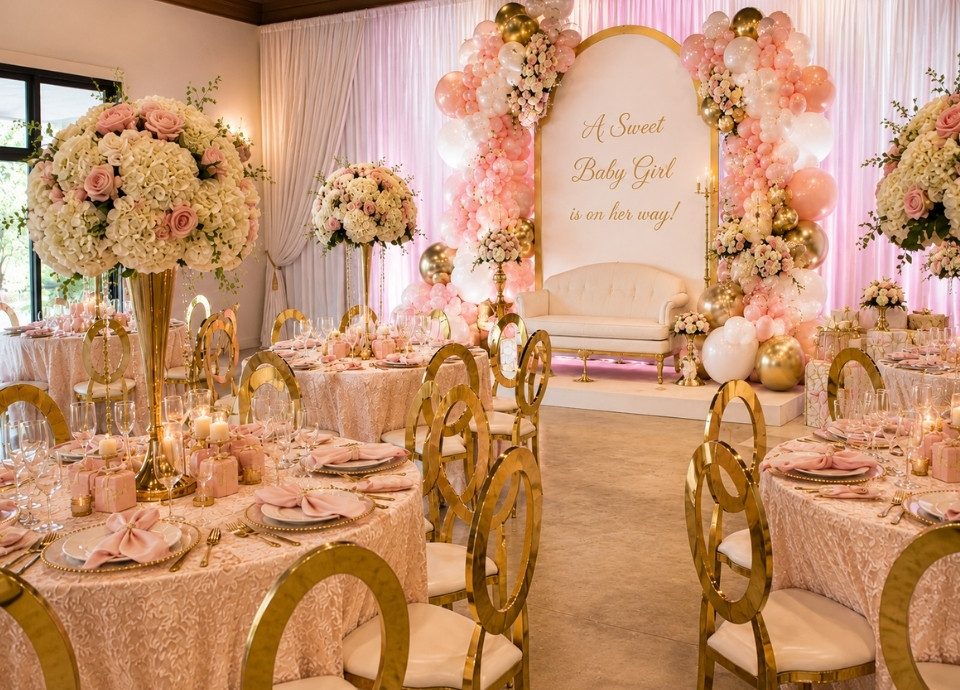 Blush baby girl shower ballroom with pink balloon garlands and gold accents
