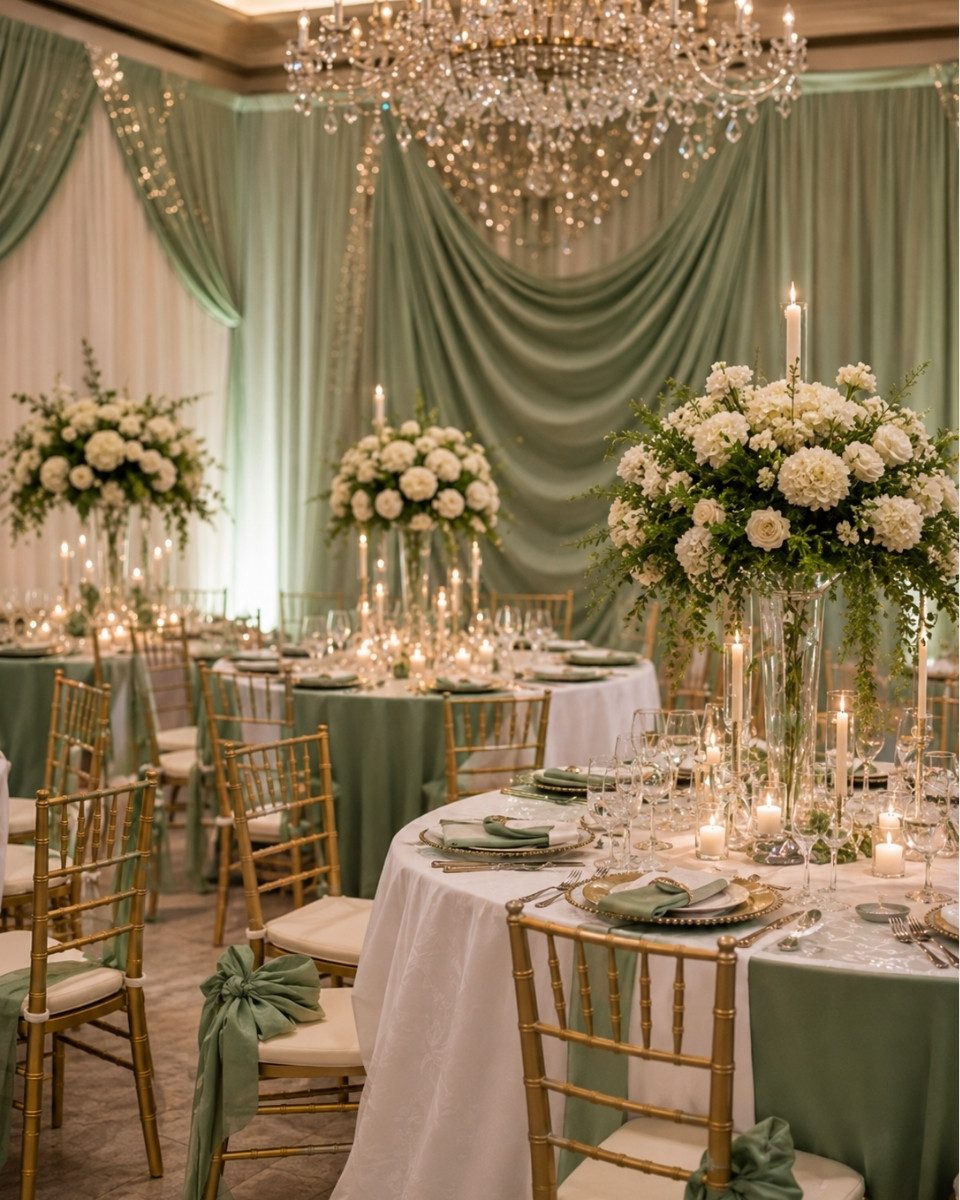 Sage green draped wedding ballroom with towering white floral centerpieces