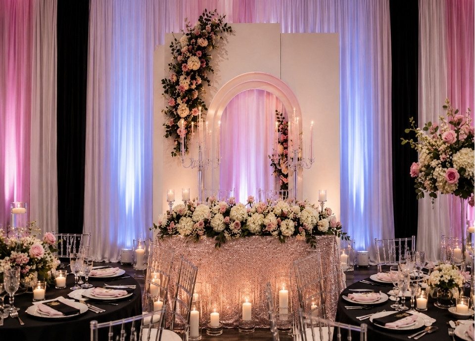 Blush and lavender floral arch behind an illuminated sweetheart table