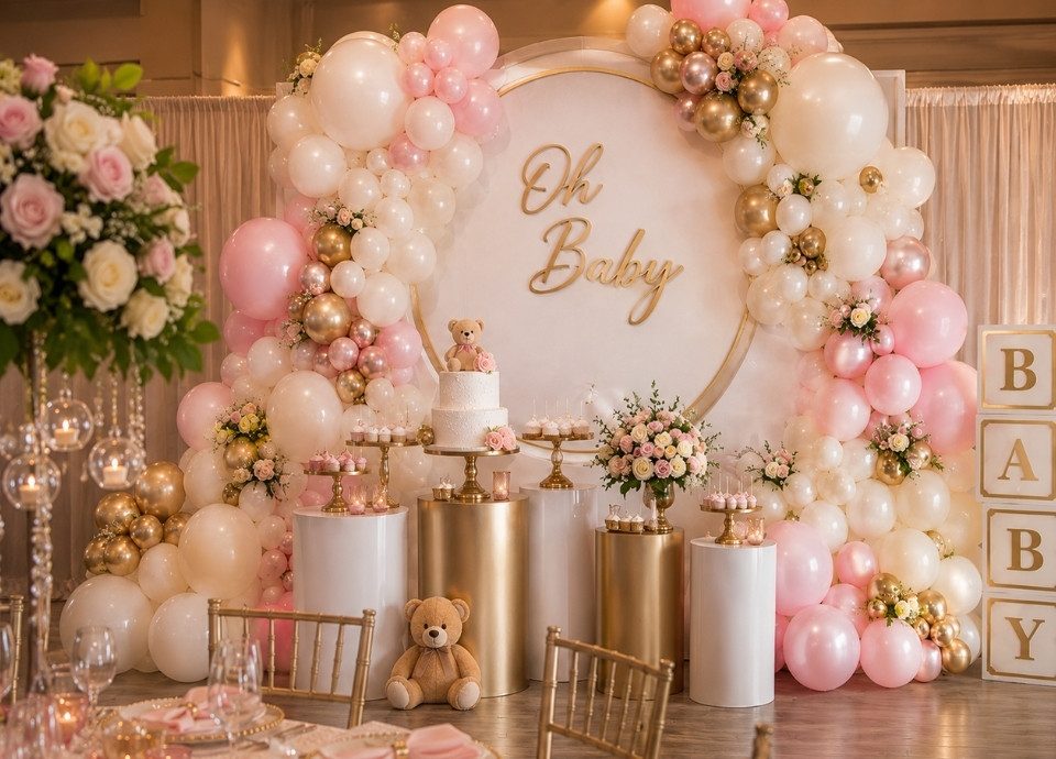 Blush and gold Oh Baby balloon circle backdrop with a tiered cake display