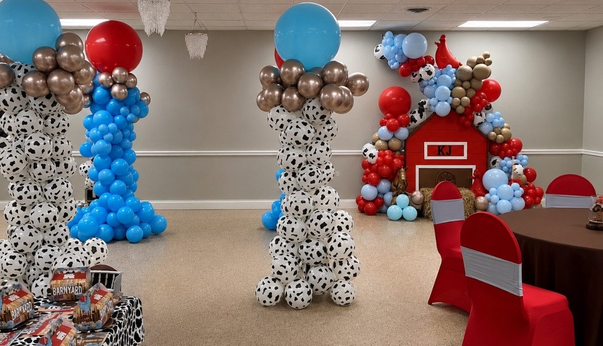 Playful balloon sculpture installation for a children's celebration