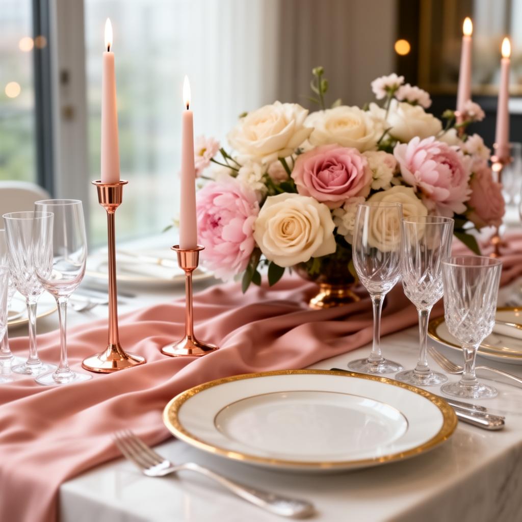 Elegant modern luxury event tablescape with florals and candles